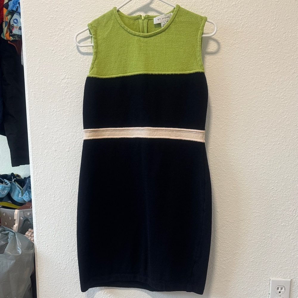 St. John Color Block Green and Black Knee Length Dress